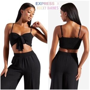 Express X Rocky Barnes Black Smocked Bow Tie Front Stretchy Crop Top Size Large